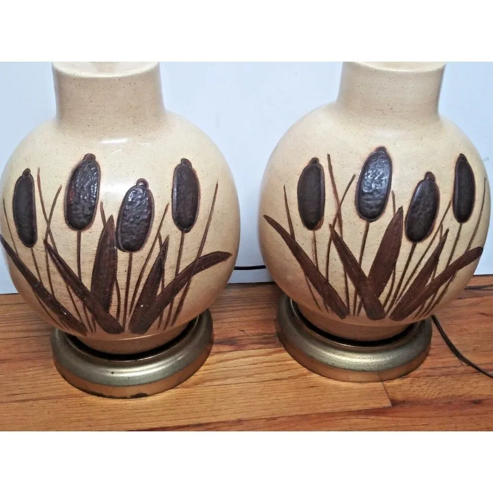 Vintage 1970s Ceramic Cattail Table Lamps Boho MCM 20
